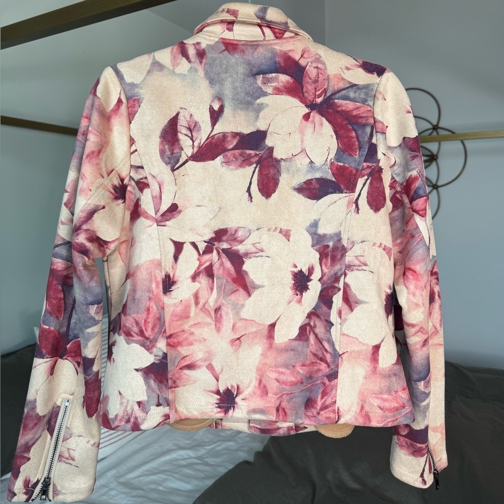 Solitaire Floral Motorcycle Jacket Womens M Rose Pink Coquette Girl Faux Suede - Picture 2 of 5